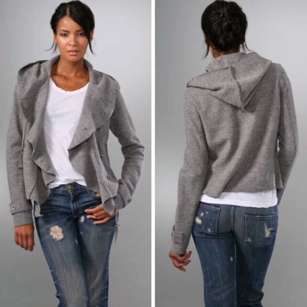 Free People Cinch Front Draped Hoodie Jacket Wool Black Sweater